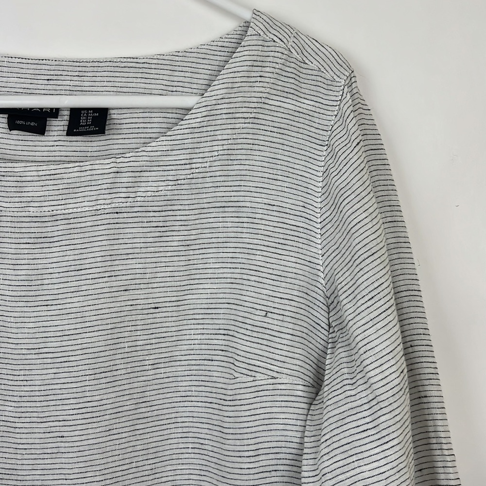 TAHARI 3/4 sleeve pullover top thin black stripes on white linen M - Picture 4 of 9